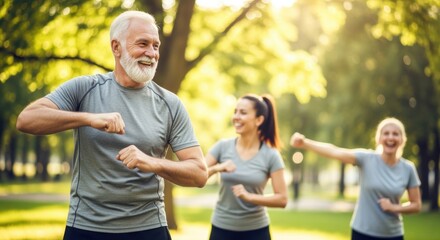 Naklejka premium A group of active senior adults exercising together in a park, with a smiling older man doing stretches and two women in the background joining in the workout.