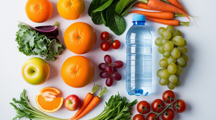 Fresh fruits, vegetables, and a water bottle arranged neatly on a white background, symbolizing diabetes prevention and healthy living.