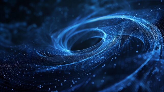 Abstract 3D illustration of hurricane swirl made of lines and dots, futuristic storm infographic concept, dark blue background