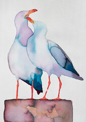 Watercolor painting of two seagulls perched together in soft pastel colors on a textured background