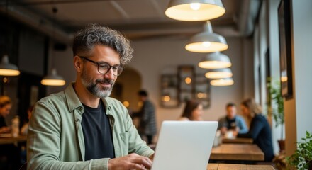 A middle-aged man with a beard and gray hair sits at a desk, working on a laptop in a modern, collaborative office setting.