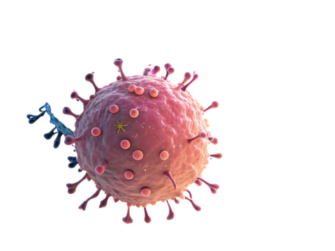 Microscopic view of virus cell with surface proteins interacting with antibodies in a vibrant color palette