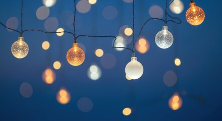 Glowing string lights with decorative glass globes create a cozy, magical atmosphere against a dark blue background. The twinkling lights and bokeh effect add a warm, ethereal quality to the image.