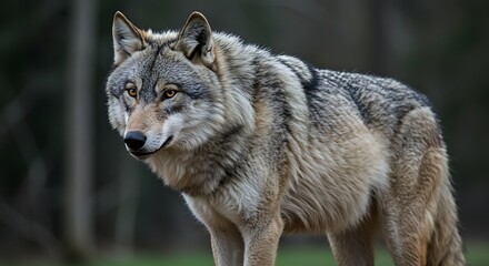 Fototapeta premium Majestic wolf standing outdoors in natural environment with blurred background