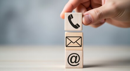 Three wooden cubes displaying communication icons, held by a hand, representing various contact methods.