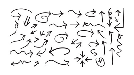 Set of hand-drawn doodle arrows. A large collection of black sketch style pointers for direction and navigation, isolated on a white background.