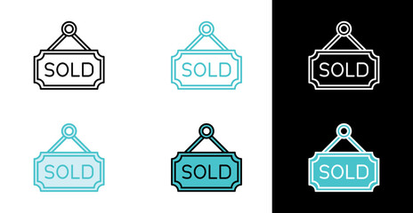 Hanging sold sign board icon for real estate and business closure in line and fill style