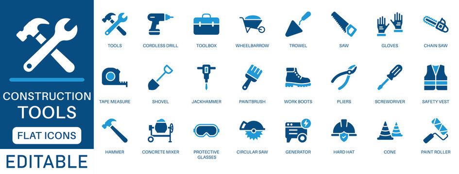 Construction tools icon set. featuring screwdriver, hammer, drill, concrete mixer, paintbrush, saw, shovel, pliers and more. perfect for flat vector icon collection.