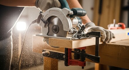 Fototapeta premium Carpenter using circular saw for cutting wood plank in workshop, closeup