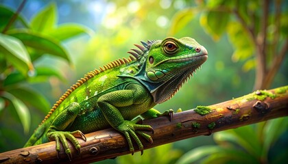 Fototapeta premium Green iguana perched on tree branch in lush tropical setting, alert eyes and spiny back—symbolizing primal elegance and the reptilian choreography of camouflage and presence.