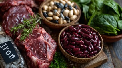Explore a nutritional education concept with a flat lay of raw and cooked red meat, mixed beans, fresh spinach, parsley, and a central iron-labeled bottle.