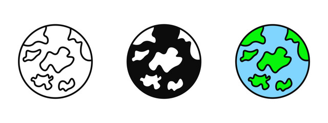 World icon designed in line art, fill, and colored outline styles with a white background. Represents global connection, international network, and worldwide communication.