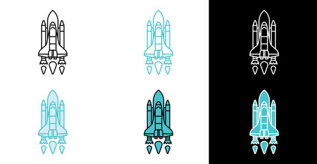 Launching space shuttle rocket icon for successful startup business development in line and fill style