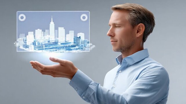 Innovative Vision: A man gazes with intent at a holographic representation of a cityscape, embodying foresight and technological innovation. 