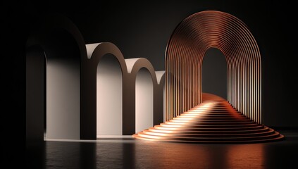 Modern architectural design featuring a copper-toned staircase with arches, a minimalist, dark aesthetic.