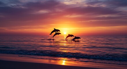 Dolphins leaping at sunset