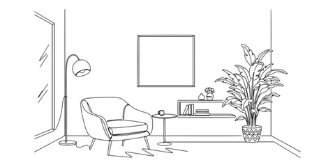 Minimalist line drawing of a modern home interior, featuring cozy furniture and decor. Perfect for decoration, architecture, furniture design, Scandinavian style, and contemporary lifestyle concepts.