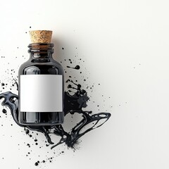 Black Ink Bottle on White Background with Ink Splash Around It