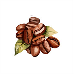 Roasted coffee beans and green leaves, fresh and ready to brew