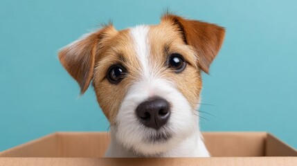 Adorable Dog Peeking Out of a Cardboard Box Against a Soft Blue Background