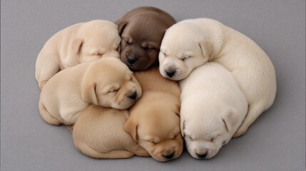 Adorable Many Sleeping Puppies in a Cozy Circle on Soft Gray Background