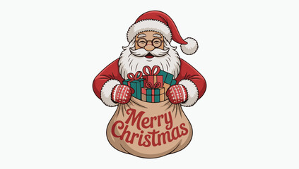 Modern Santa Claus White Beard Vector Print T-Shirt, Cute Santa Claus with Gifts Christmas T-Shirt Design