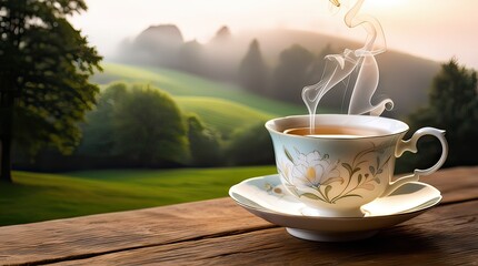 Elegant teacup with steaming tea on rustic table against peaceful green landscape backdrop offering moments of calm relaxation and mindful contemplation