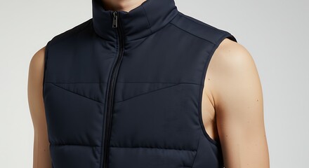 Man wearing dark blue quilted vest isolated on plain background