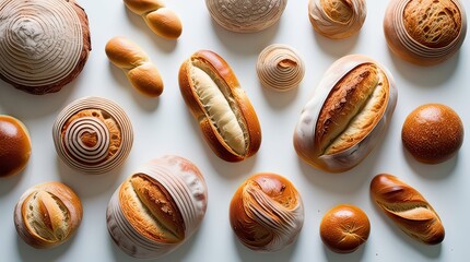 Artisan breads arranged on white, inviting a culinary journey through textures and flavors, perfect for cookbooks, restaurants, and food blogs