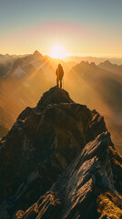 Hiker standing on mountain peak at sunrise