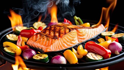 Sizzling salmon grilling over open flames with vibrant vegetables creating an appetizing summer barbecue perfect for food bloggers and culinary enthusiasts