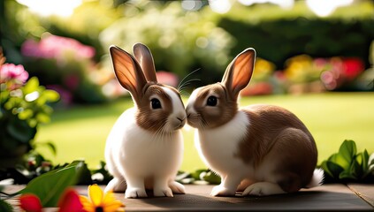 Sweet bunny rabbits face to face in a sunny garden, perfect for Easter promotions and spring themed advertisements, creating a sense of warmth and joy
