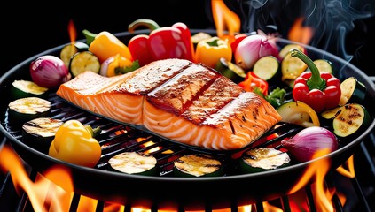 Sizzling salmon grilling over open flames with vibrant vegetables creating an appetizing summer barbecue perfect for food bloggers and culinary enthusiasts