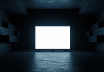 Minimalist Dark Room with Glowing White Square Screen and Textured Walls