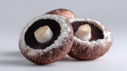 Fresh raw portobello mushrooms with dark gills and brown caps isolated on a clean white background in a studio setting