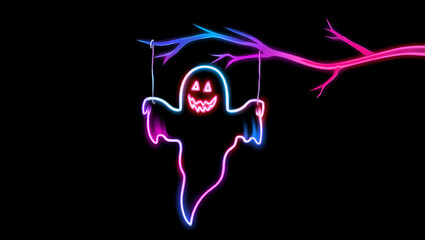 A simple yet spooky neon illustration of a cartoon ghost hanging from a colorful tree branch against a black background.