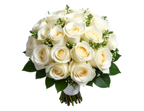 Elegant White Rose Wedding Bouquet with Satin Ribbon PNG - Powered by Adobe