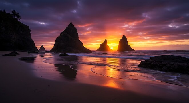 Dramatic sunset over rocky coastline - Powered by Adobe