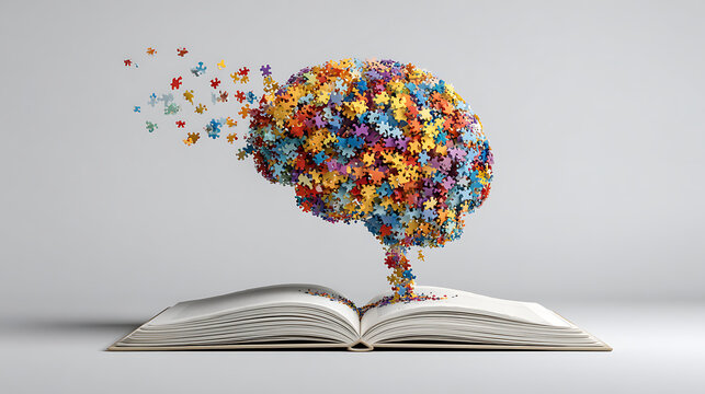 Colorful jigsaw puzzle pieces forming a brain shape emerging from an open book, symbolizing knowledge, learning, and creative thinking on white background