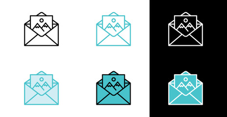 Open envelope with photo card icon for sharing memories and sending pictures in line and fill style