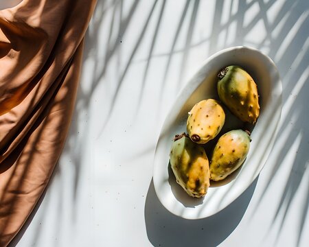 Prickly pear cactus fruits in a white oval bowl with palm leaf shadows