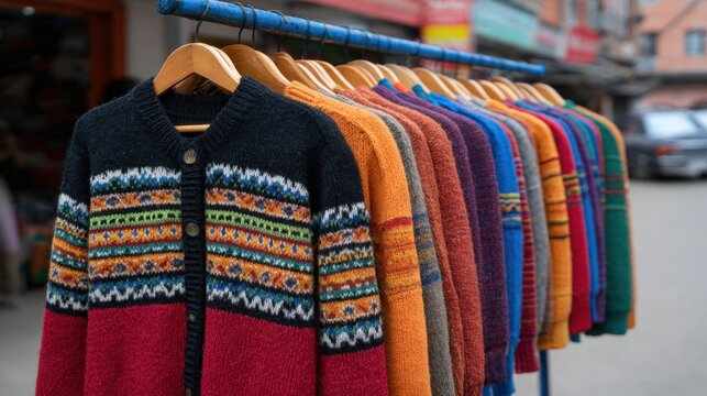 Colorful Knit Sweaters Hanging on a Rack in a Market with Soft Textures and Vibrant Patterns for Winter Fashion Inspiration