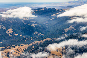 Scenic view from Mount Tamalpais East Peak in Marin County, California, with rolling hills, oak...