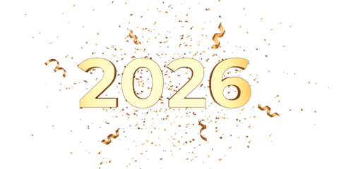 Golden 2026 with glittering confetti and ribbon streamers, happy new year theme, transparent background
