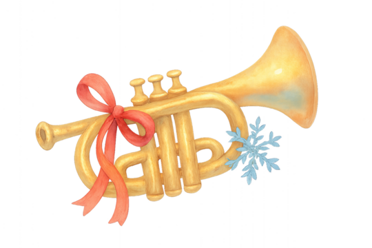 Colorful trumpet with red ribbon and blue snowflake for festive celebration in winter season