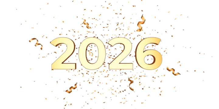 Golden 2026 with glittering confetti and ribbon streamers, happy new year theme, transparent background
 - Powered by Adobe