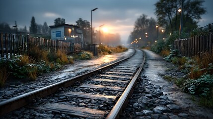 Fototapeta premium A foggy morning scene where a tram line disappears into the mist under a road junction, with diffused light creating a moody atmosphere.