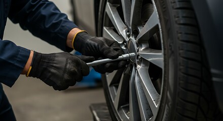 Mechanic tightening lug nuts on a car wheel in workshop setting