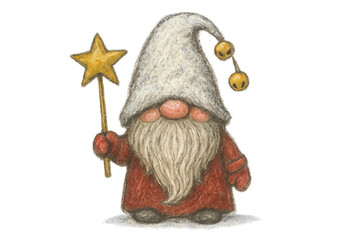Friendly gnome holding a star wand, ready for festive celebrations during winter season