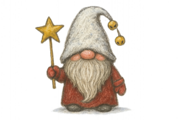 Friendly gnome holding a star wand, ready for festive celebrations during winter season